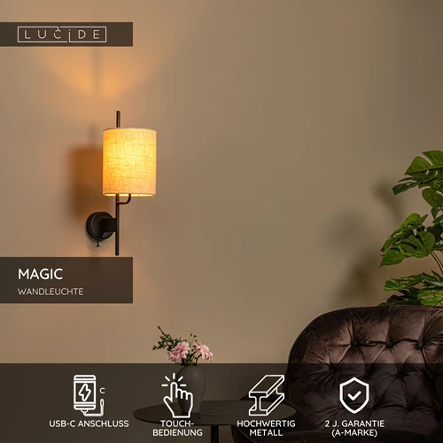 Lucide MAGIC - Wandleuchte - 1xE27 - Mit USB-Ladepunkt - Schwarz - USP